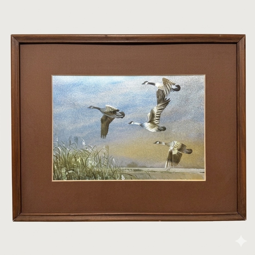 Vintage 1989 Dufex Foil Art Print Canada Geese Birds Marshland Framed 15x12